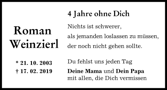 Traueranzeige von Roman Weinzierl von Illertisser Zeitung