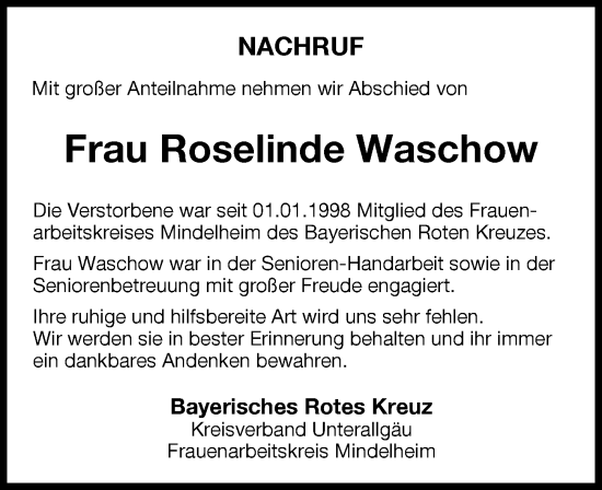 Traueranzeige von Roselinde Waschow von Mindelheimer Zeitung