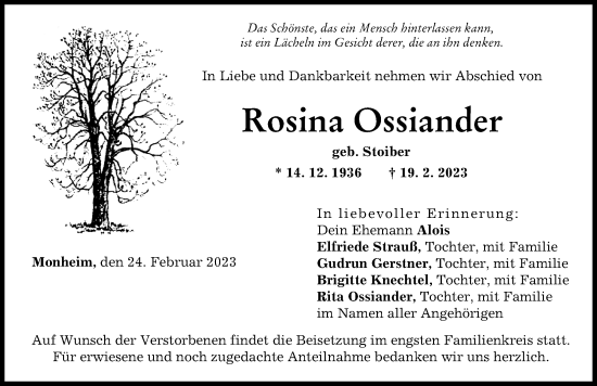 Traueranzeige von Rosina Ossiander von Donauwörther Zeitung