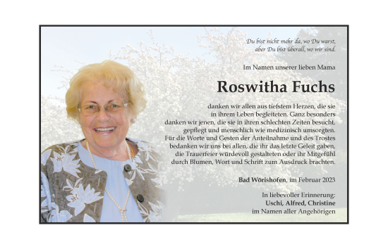 Traueranzeige von Roswitha Fuchs von Mindelheimer Zeitung
