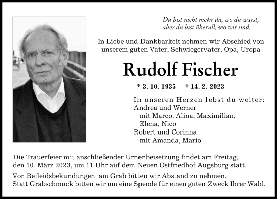 Traueranzeige von Rudolf Fischer von Augsburger Allgemeine