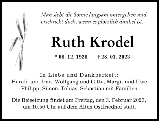 Traueranzeige von Ruth Krodel von Augsburger Allgemeine