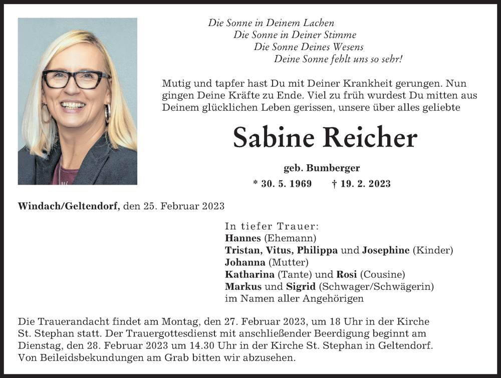  Traueranzeige für Sabine Reicher vom 25.02.2023 aus Landsberger Tagblatt