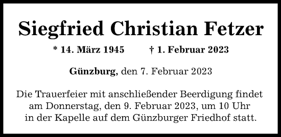 Traueranzeige von Siegfried Christian Fetzer von Günzburger Zeitung