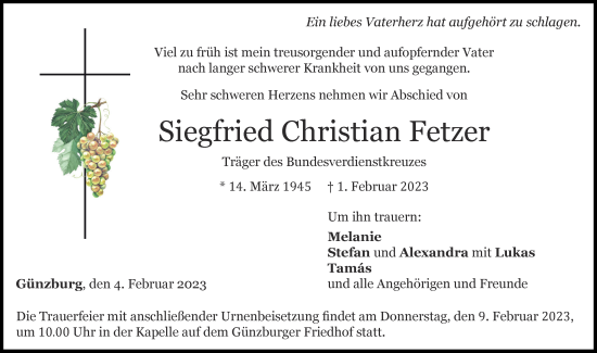 Traueranzeige von Siegfried Christian Fetzer von Günzburger Zeitung