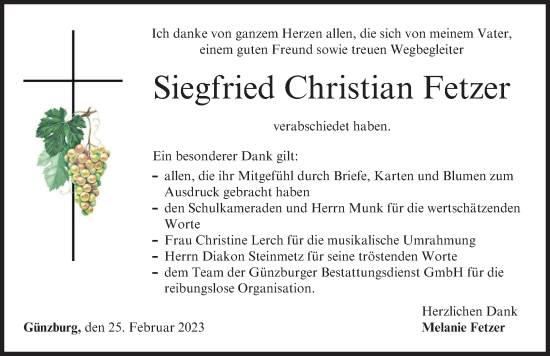 Traueranzeige von Siegfried Christian Fetzer von Günzburger Zeitung