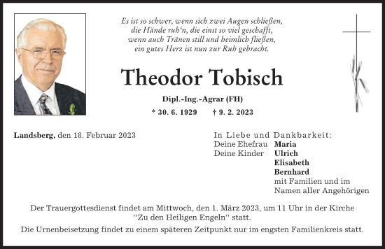 Traueranzeige von Theodor Tobisch von Landsberger Tagblatt