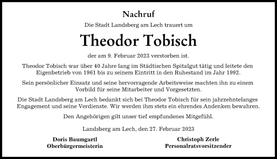 Traueranzeige von Theodor Tobisch von Landsberger Tagblatt