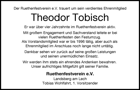 Traueranzeige von Theodor Tobisch von Landsberger Tagblatt