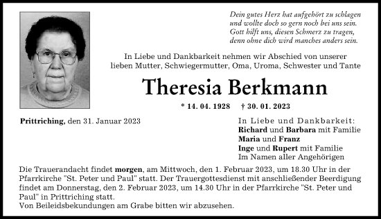 Traueranzeige von Theresia Berkmann von Landsberger Tagblatt
