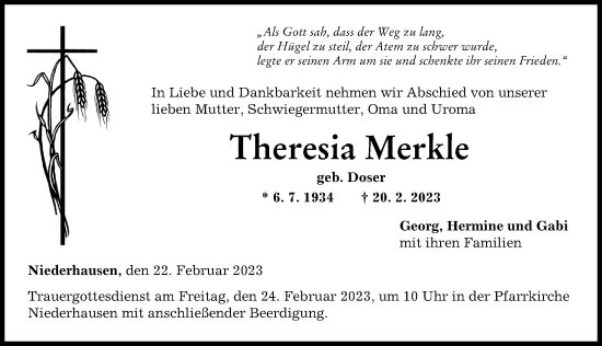 Traueranzeige von Theresia Merkle von Neu-Ulmer Zeitung