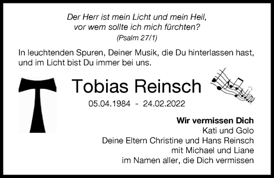Traueranzeige von Tobias Reinsch von Augsburger Allgemeine
