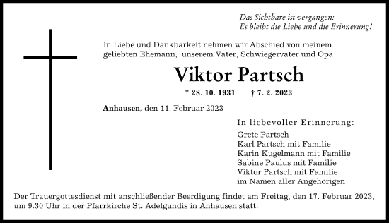 Traueranzeige von Viktor Partsch von Augsburger Allgemeine
