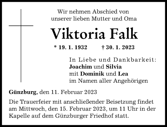 Traueranzeige von Viktoria Falk von Günzburger Zeitung