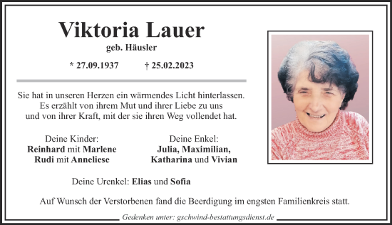 Traueranzeige von Viktoria Lauer von Günzburger Zeitung
