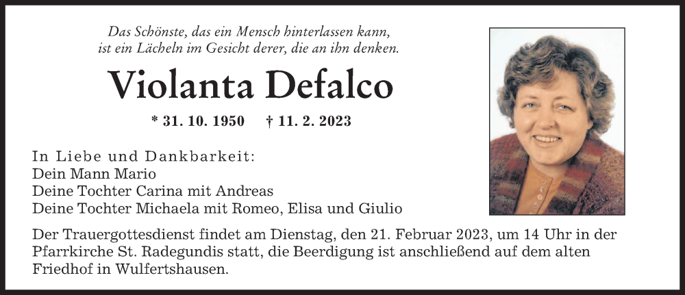  Traueranzeige für Violanta Defalco vom 18.02.2023 aus Friedberger Allgemeine, Augsburger Allgemeine