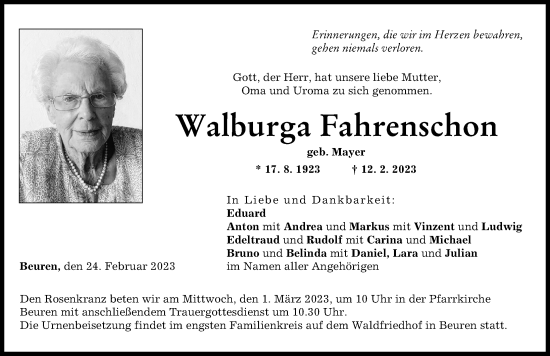 Traueranzeige von Walburga Fahrenschon von Neu-Ulmer Zeitung