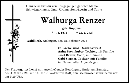 Traueranzeige von Walburga Renzer von Donau Zeitung, Günzburger Zeitung