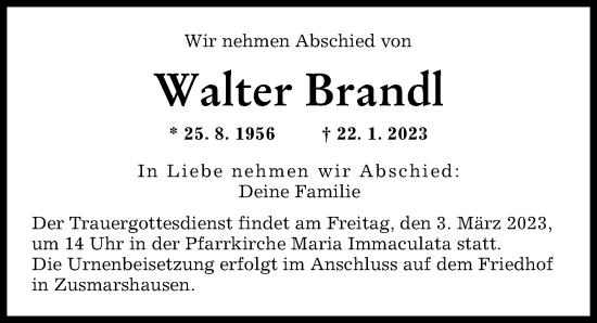 Traueranzeige von Walter Brandl von Günzburger Zeitung