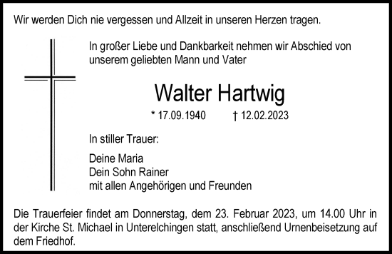 Traueranzeige von Walter Hartwig von Augsburger Allgemeine, Neu-Ulmer Zeitung