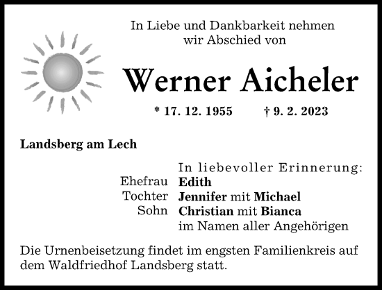 Traueranzeige von Werner Aicheler von Landsberger Tagblatt