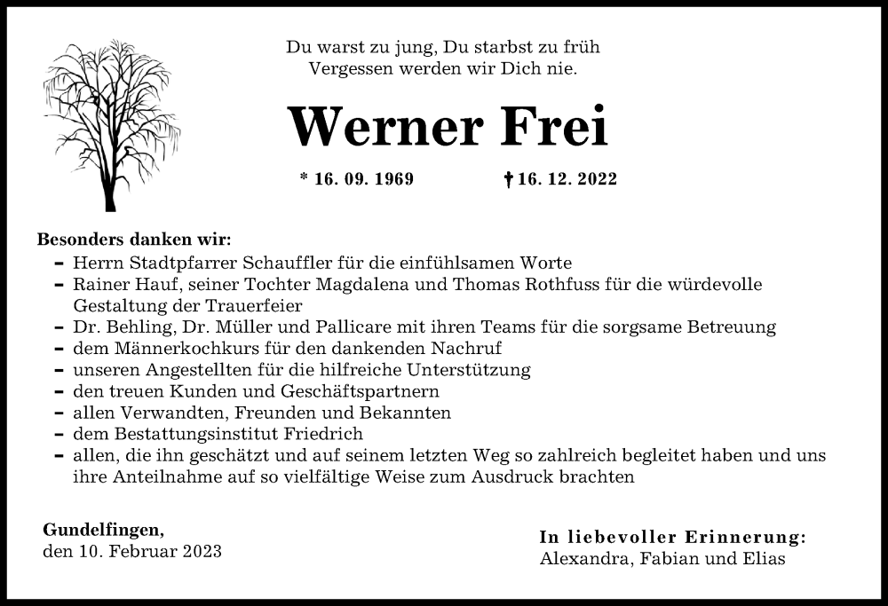  Traueranzeige für Werner Frei vom 10.02.2023 aus Donau Zeitung
