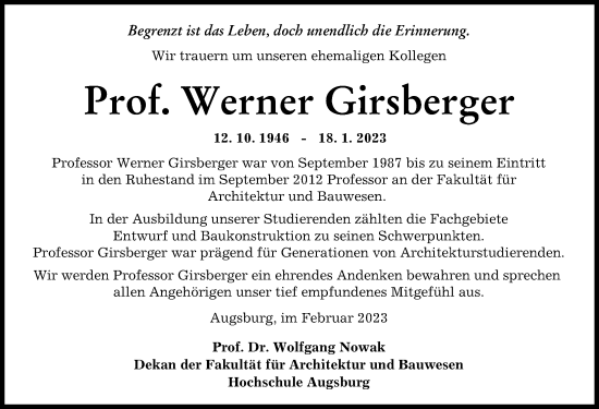 Traueranzeige von Werner Girsberger von Augsburger Allgemeine