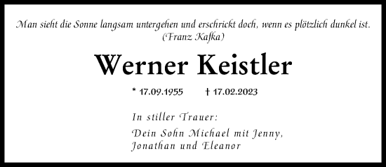 Traueranzeige von Werner Keistler von Augsburg-Land