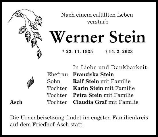 Traueranzeige von Werner Stein von Landsberger Tagblatt