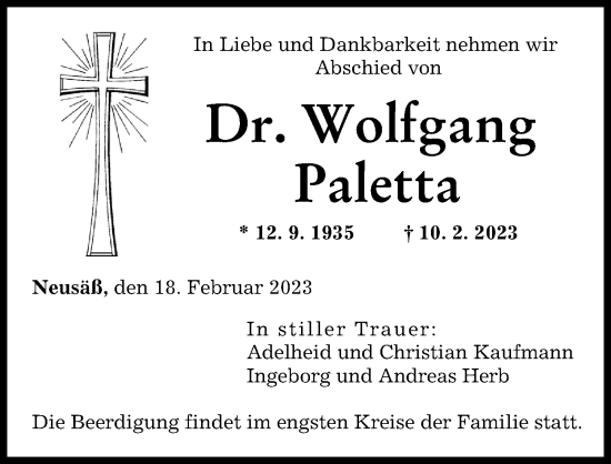 Traueranzeige von Wolfgang Paletta von Augsburger Allgemeine