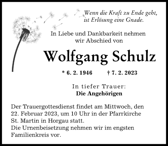 Traueranzeige von Wolfgang Schulz von Augsburg-Land