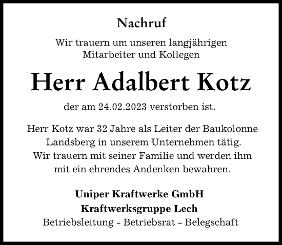 Traueranzeige von Adalbert Kotz von Landsberger Tagblatt