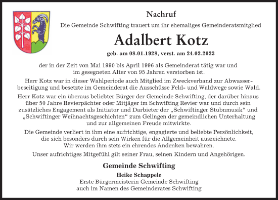 Traueranzeige von Adalbert Kotz von Landsberger Tagblatt