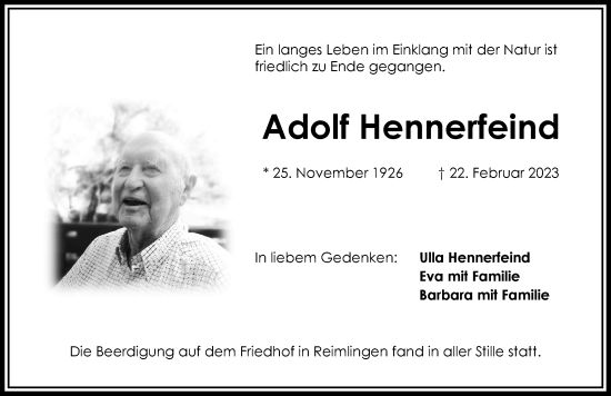 Traueranzeige von Adolf Hennerfeind von Rieser Nachrichten
