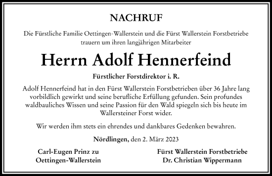 Traueranzeige von Adolf Hennerfeind von Rieser Nachrichten