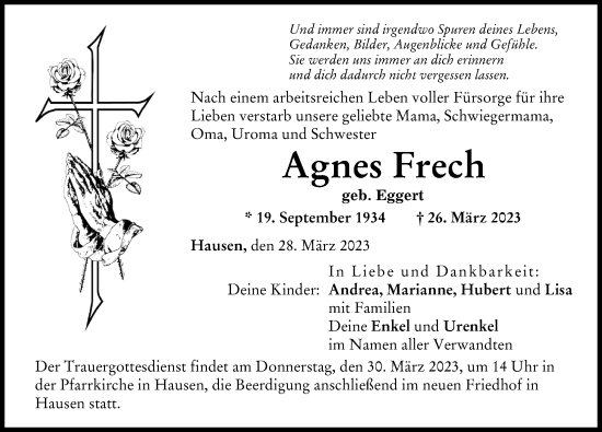 Traueranzeige von Agnes Frech von Donau Zeitung