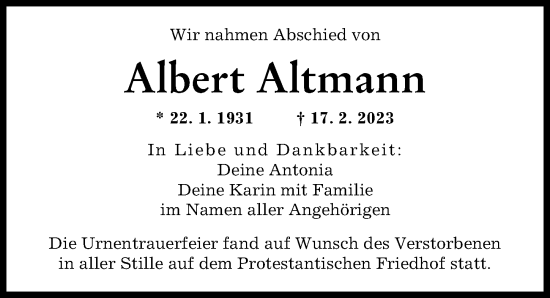 Traueranzeige von Albert Altmann von Augsburger Allgemeine