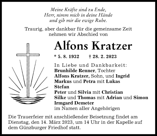 Traueranzeige von Alfons Kratzer von Günzburger Zeitung