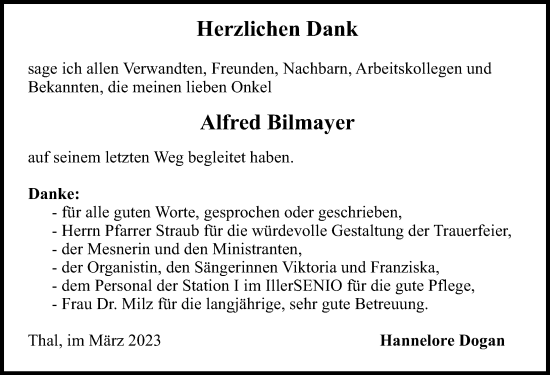 Traueranzeige von Alfred Bilmayer von Neu-Ulmer Zeitung