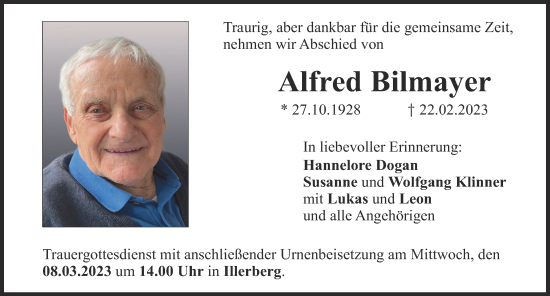 Traueranzeige von Alfred Bilmayer von Neu-Ulmer Zeitung