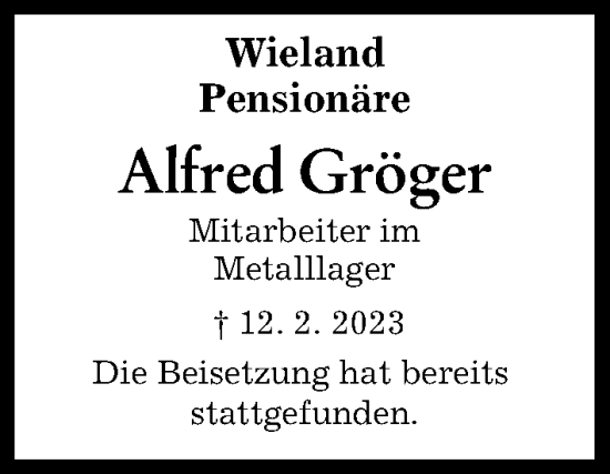 Traueranzeige von Alfred Gröger von Illertisser Zeitung, Neu-Ulmer Zeitung