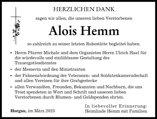 Traueranzeige von Alois Hemm von Augsburger Allgemeine