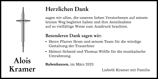 Traueranzeige von Alois Kramer von Illertisser Zeitung