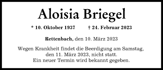 Traueranzeige von Aloisia Briegel von Günzburger Zeitung