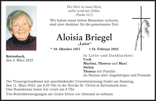 Traueranzeige von Aloisia Briegel von Günzburger Zeitung