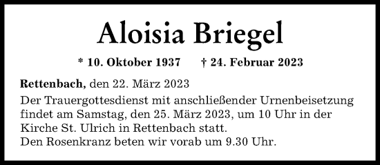 Traueranzeige von Aloisia Briegel von Günzburger Zeitung