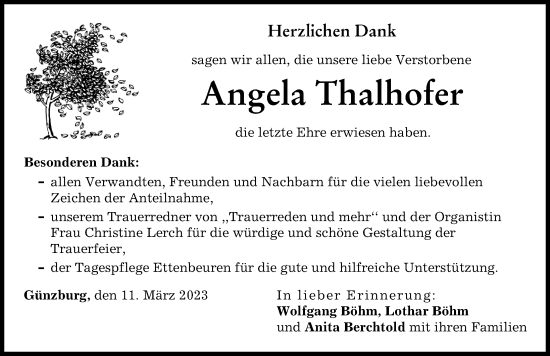 Traueranzeige von Angela Thalhofer von Günzburger Zeitung