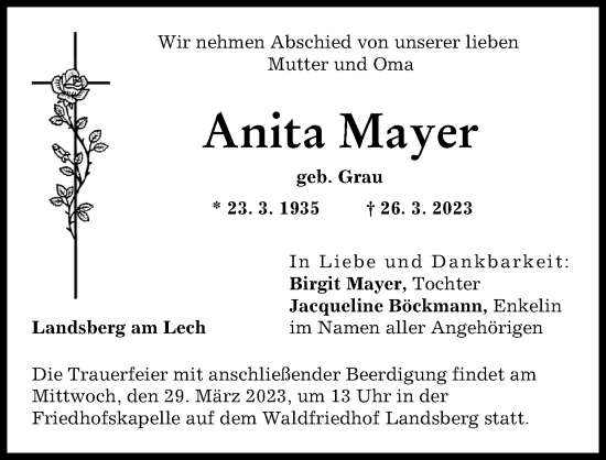Traueranzeige von Anita Mayer von Landsberger Tagblatt