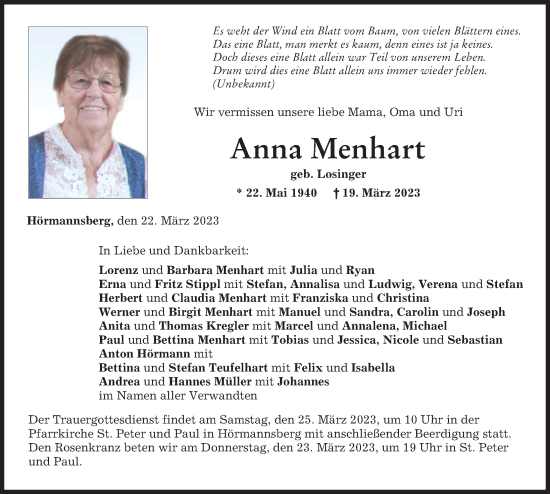 Traueranzeige von Anna Menhart von Friedberger Allgemeine