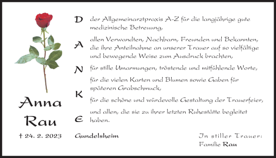 Traueranzeige von Anna Rau von Donauwörther Zeitung